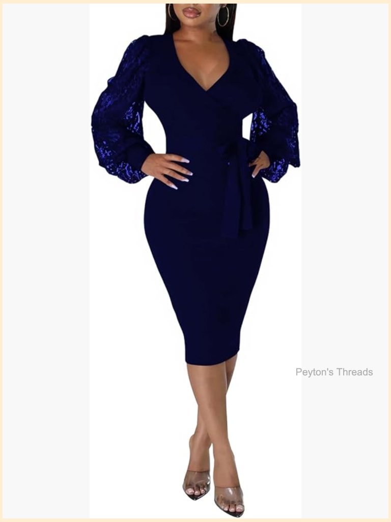 Bishop Sleeve V Neck Sheath Midi Dress With Belt For Work Parties